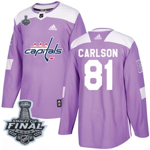 Men's Washington Capitals Adam Carlson Adidas Authentic Fights Cancer Practice 2018 Stanley Cup Final Patch Jersey - Purple