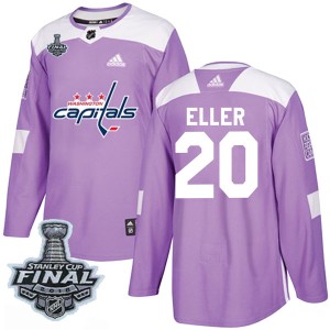 Men's Washington Capitals Lars Eller Adidas Authentic Fights Cancer Practice 2018 Stanley Cup Final Patch Jersey - Purple