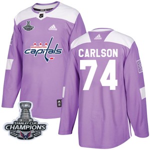 Youth Washington Capitals John Carlson Adidas Authentic Fights Cancer Practice 2018 Stanley Cup Champions Patch Jersey - Purple