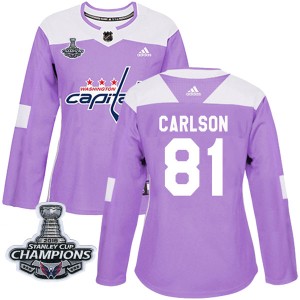 Women's Washington Capitals Adam Carlson Adidas Authentic Fights Cancer Practice 2018 Stanley Cup Champions Patch Jersey - Purpl