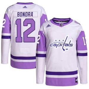 Men's Washington Capitals Peter Bondra Adidas Authentic Hockey Fights Cancer Primegreen Jersey - White/Purple